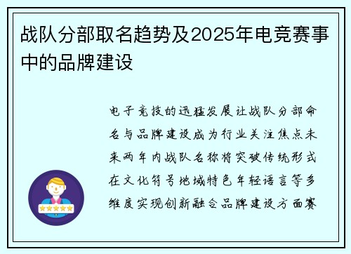 战队分部取名趋势及2025年电竞赛事中的品牌建设