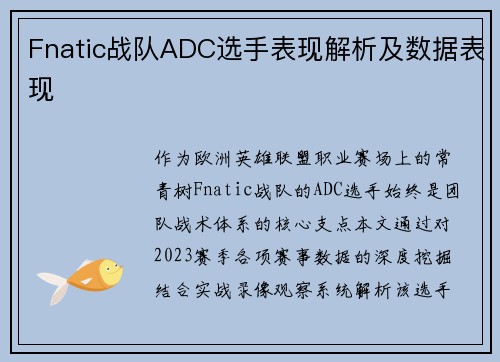 Fnatic战队ADC选手表现解析及数据表现